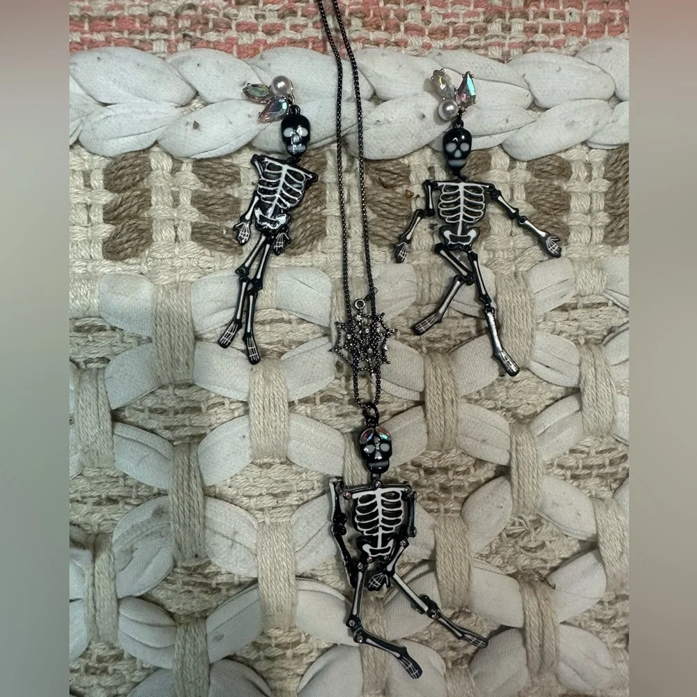BETSY JOHNSON bedazzled skeleton necklace earring set